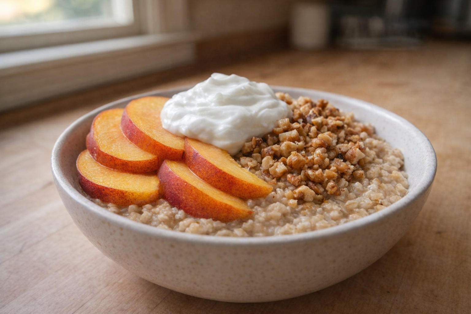 A side-angle shot of a plated oatmeal bowl with sliced peaches, chopped walnuts, and a dollop of Greek yogurt, bright natural lighting